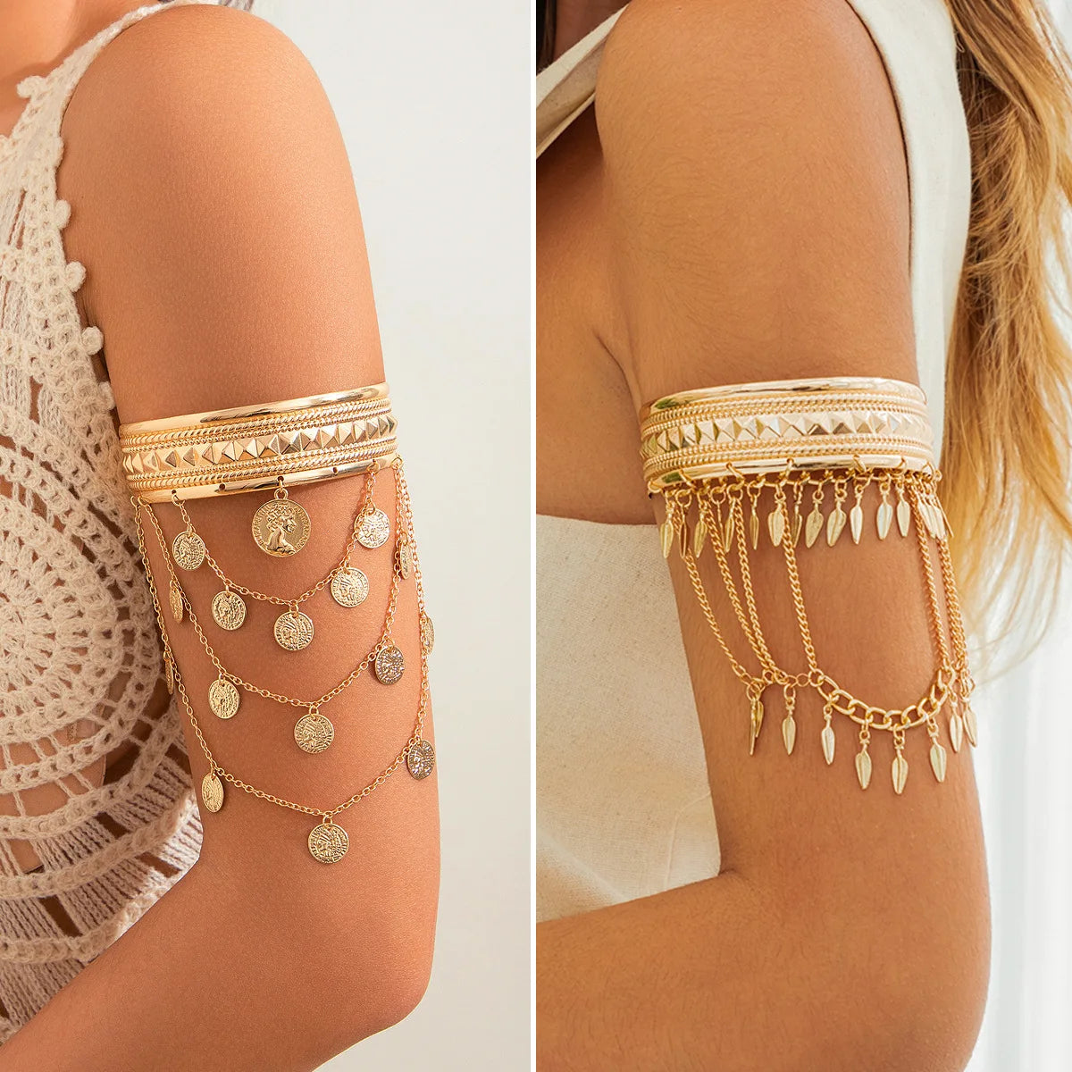 New Trendy Golden Metal Coin Leaf Chain Tassel Upper Arm Bangles Cuff Bracelet