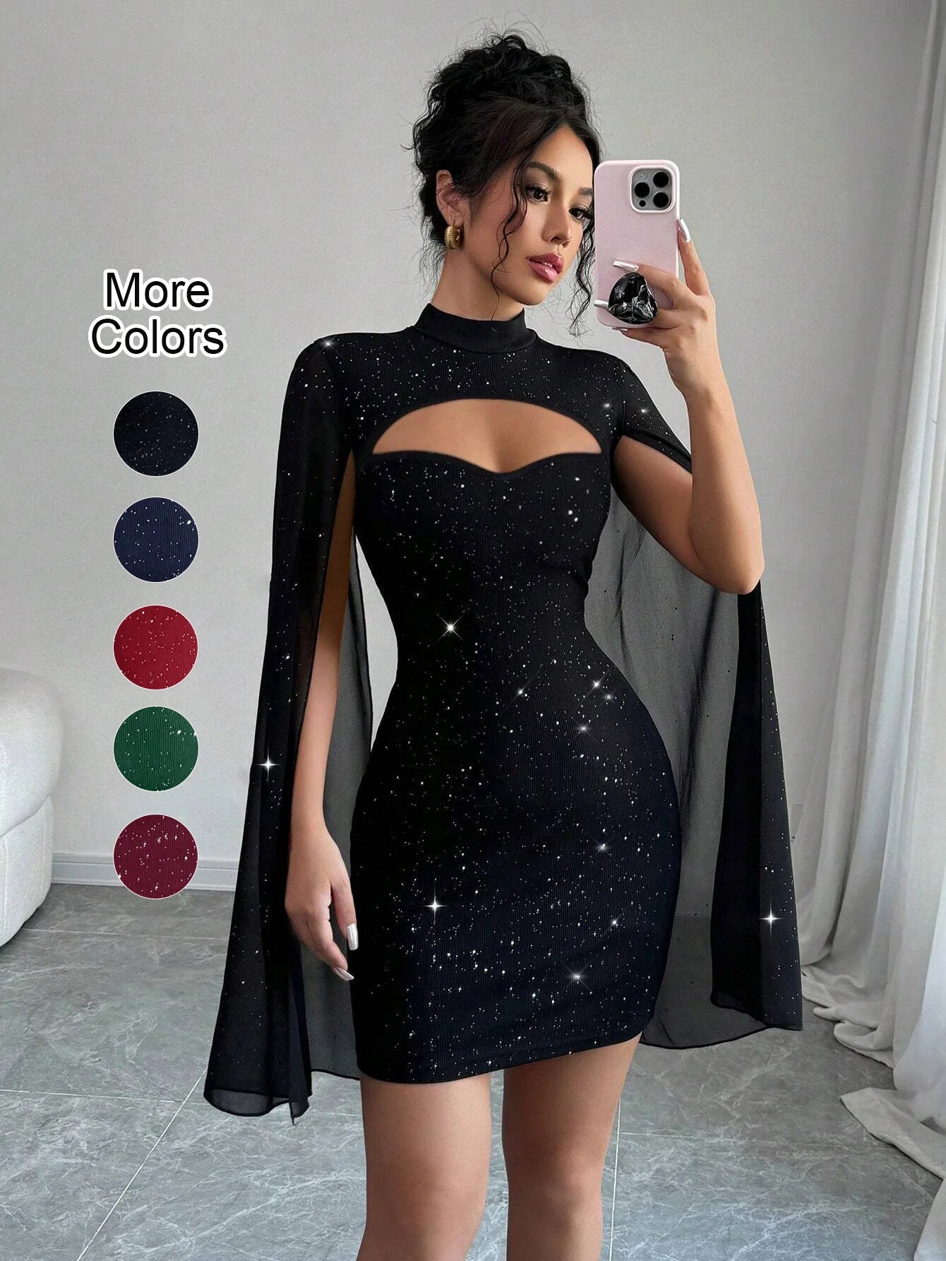 Sexy Women's Stand Collar Cape Mini Dress Sequins Sparkling Club Party