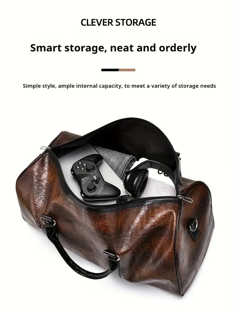 Large Capacity Retro Crocodile-Textured Travel Duffel Bag