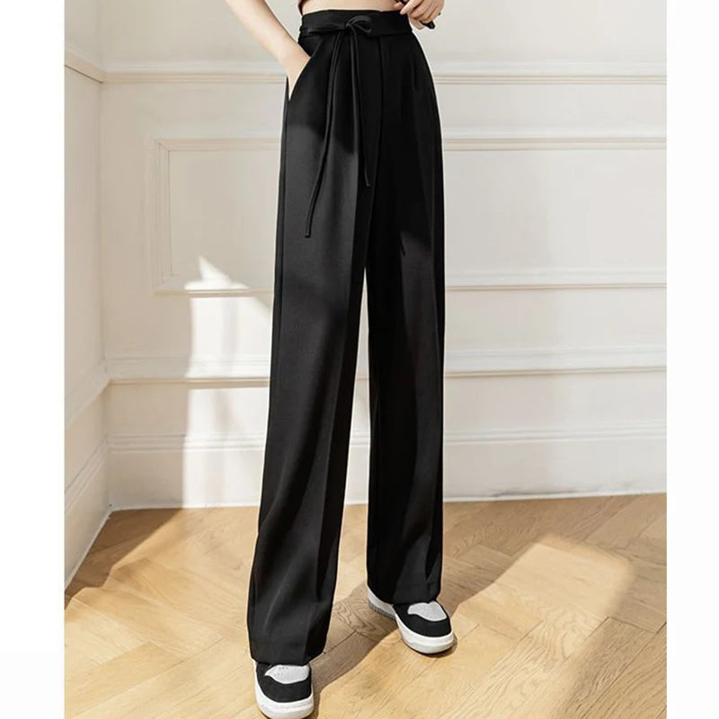 Spring Women Lace Up Straight Leg Suit Pants