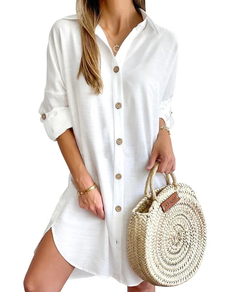 Solid Color Button Front Shirt Dress Casual Long Sleeve