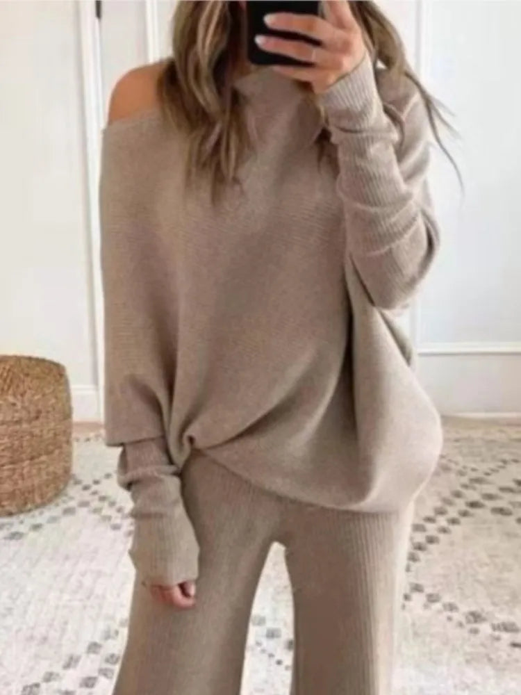 Fashion One-shoulder Long-sleeved Top + Straight Pants 2-piece Set