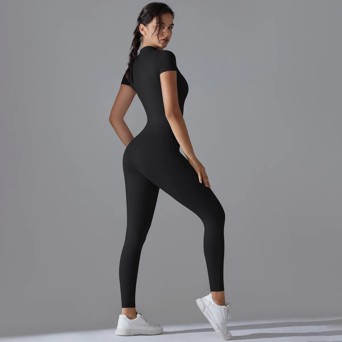 Naked Zipper Short-Sleeved Yoga Jumpsuit