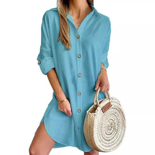 Solid Color Button Front Shirt Dress Casual Long Sleeve
