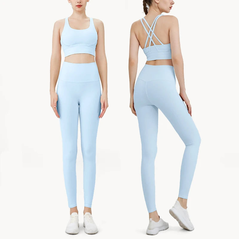 Summer New 2-Piece Yoga Set – Cross Back Sports Bra &amp; High-Waist Leggings