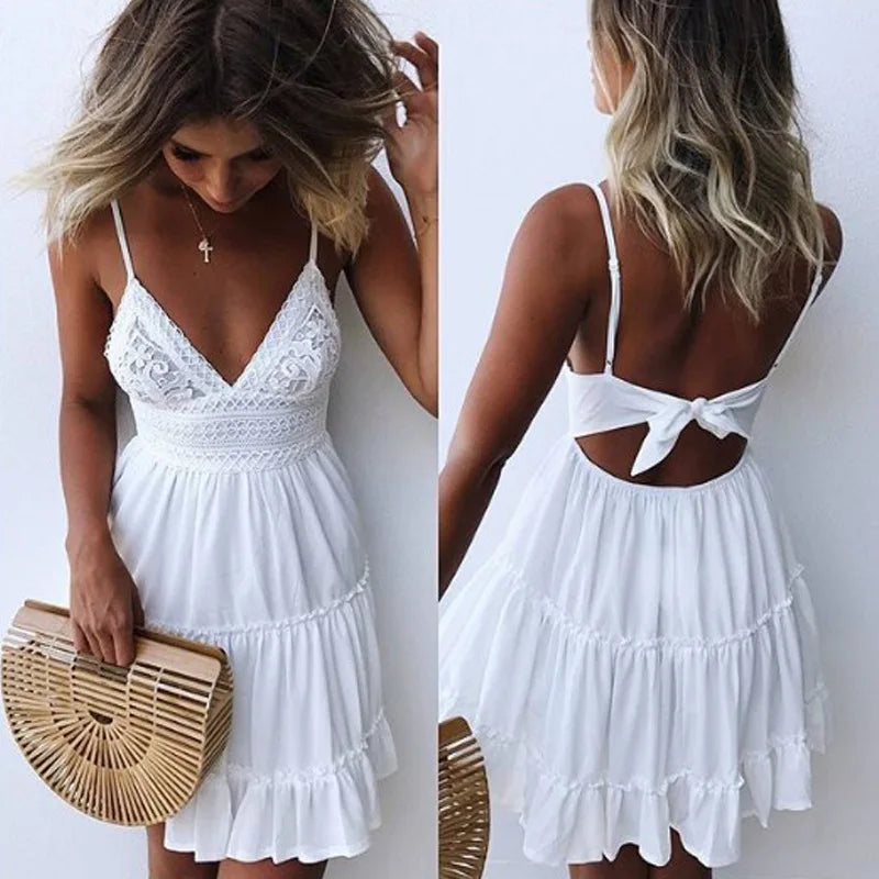 Female New Summer Fashionable Solid Color Dress Sexy Lace Strap