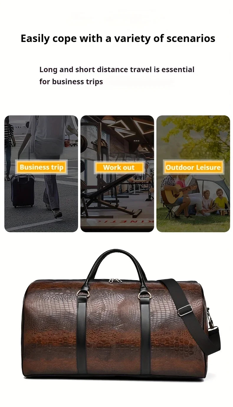 Large Capacity Retro Crocodile-Textured Travel Duffel Bag