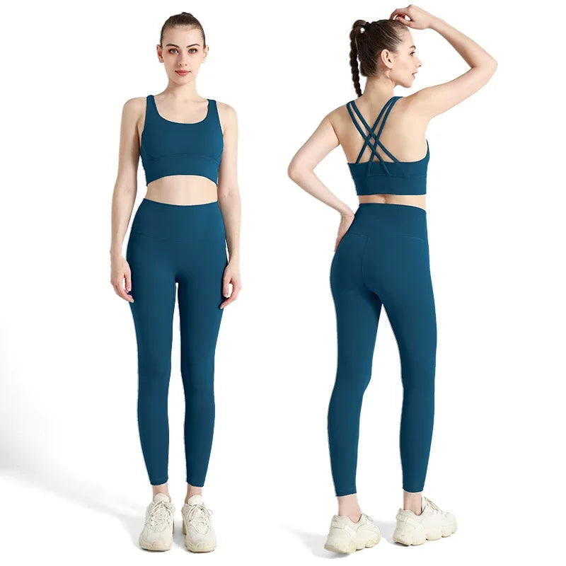 Summer New 2-Piece Yoga Set – Cross Back Sports Bra &amp; High-Waist Leggings