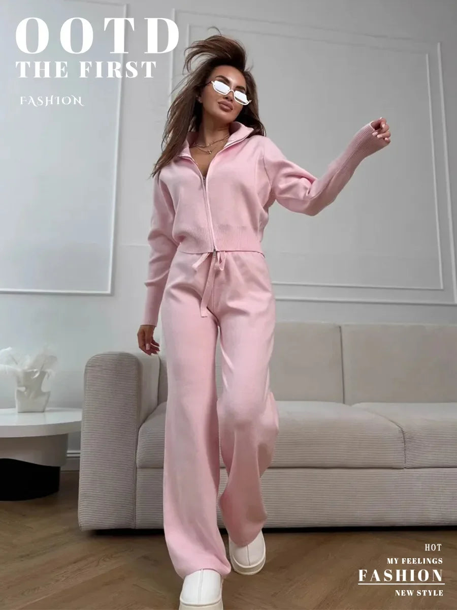 Effortless Elegance for Every Season Zip Up Knit Pants Set