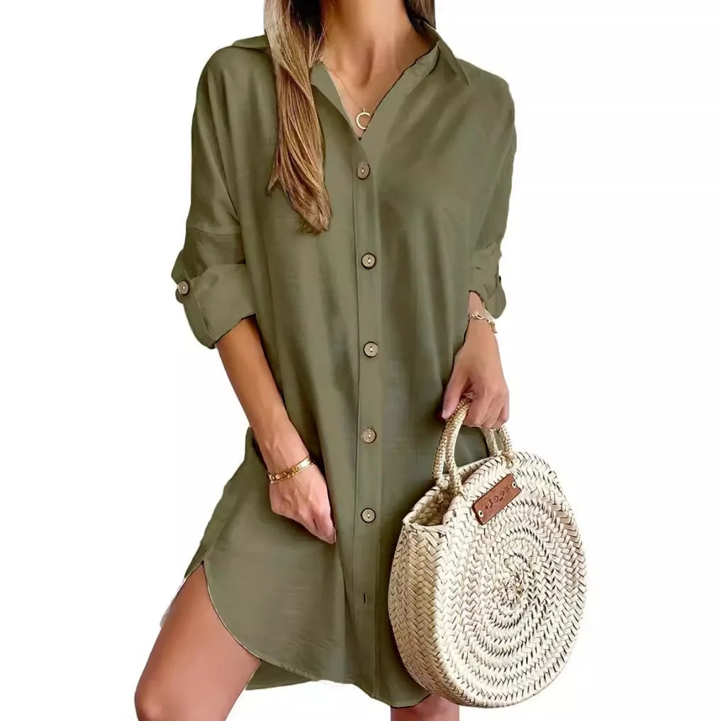 Solid Color Button Front Shirt Dress Casual Long Sleeve