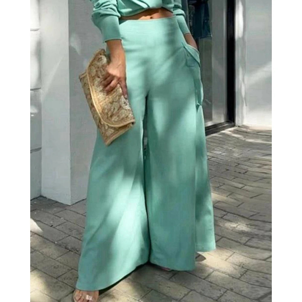 Women Solid Long Sleeve Ruched Crop Shirt & High Waist Pants