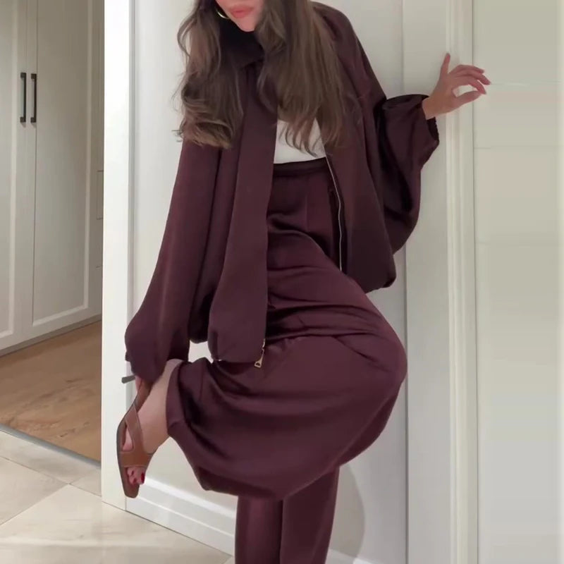 Fashion Elastic Waist Pants Sport Suit Elegant Zipper Jacket & Long Pant Outfits