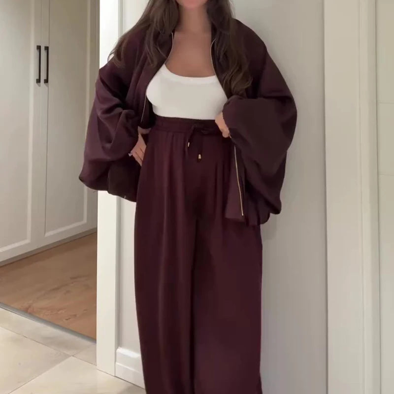 Fashion Elastic Waist Pants Sport Suit Elegant Zipper Jacket & Long Pant Outfits