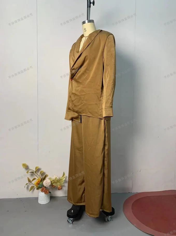 Women Pants 2 Piece Sets Top Blouse Wide Leg Trousers