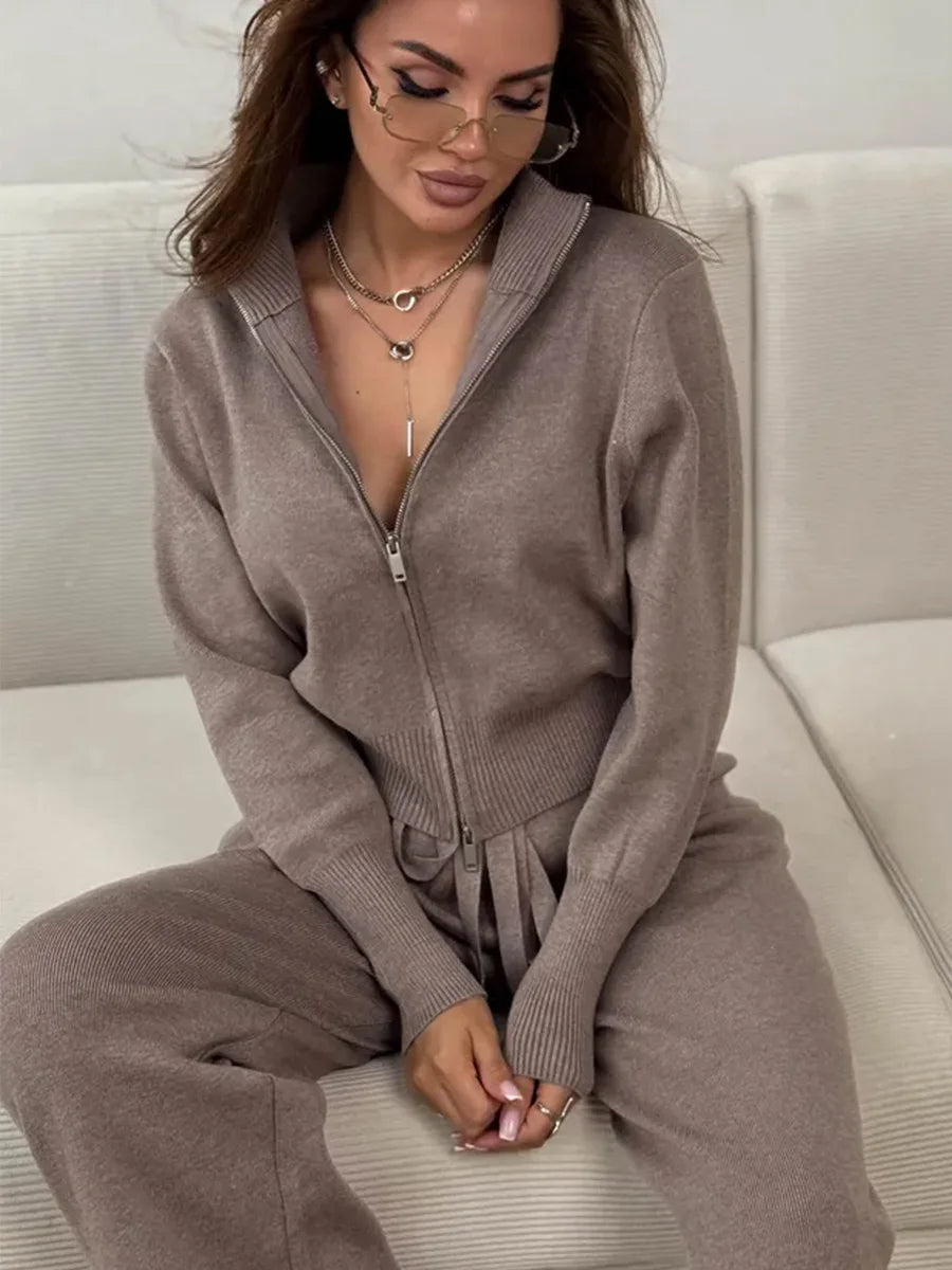 Effortless Elegance for Every Season Zip Up Knit Pants Set