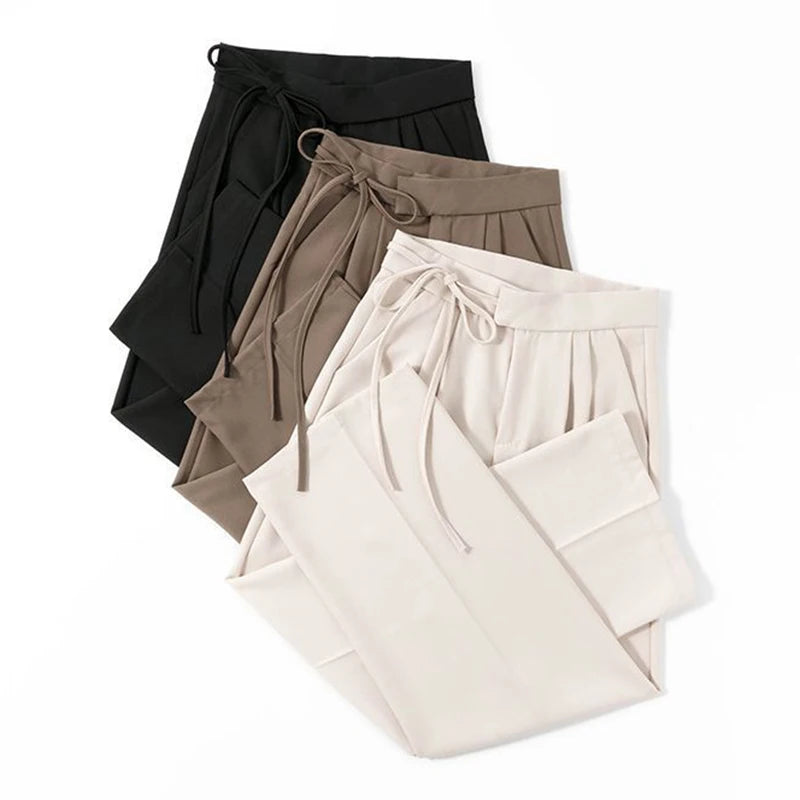 Spring Women Lace Up Straight Leg Suit Pants