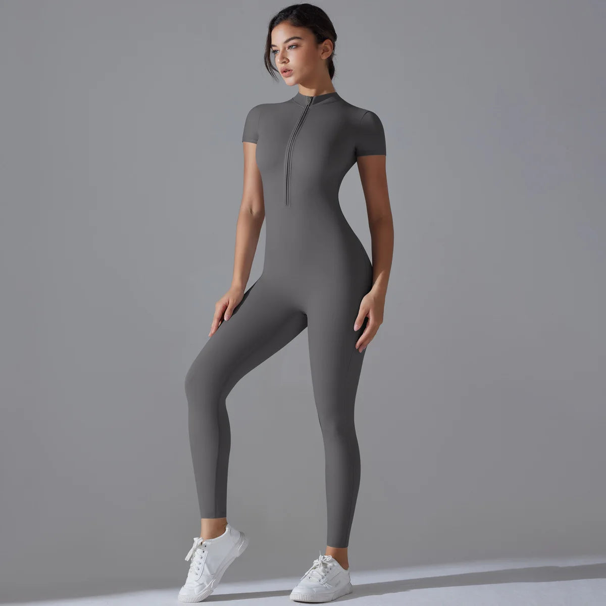 Naked Zipper Short-Sleeved Yoga Jumpsuit