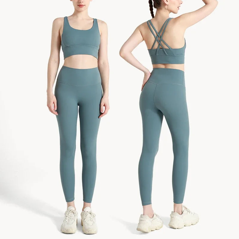 Summer New 2-Piece Yoga Set – Cross Back Sports Bra &amp; High-Waist Leggings