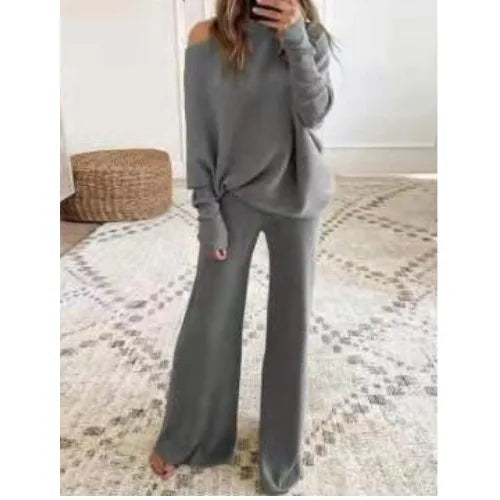 Fashion One-shoulder Long-sleeved Top + Straight Pants 2-piece Set
