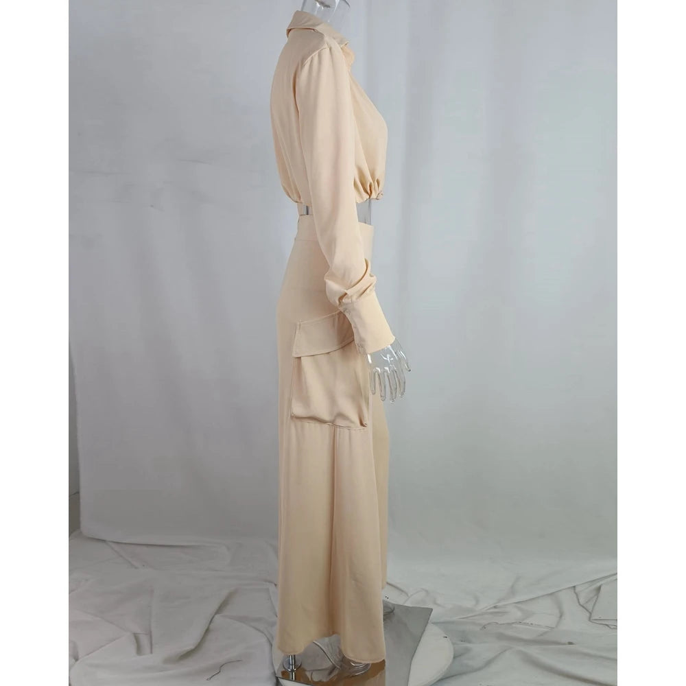 Women Solid Long Sleeve Ruched Crop Shirt & High Waist Pants