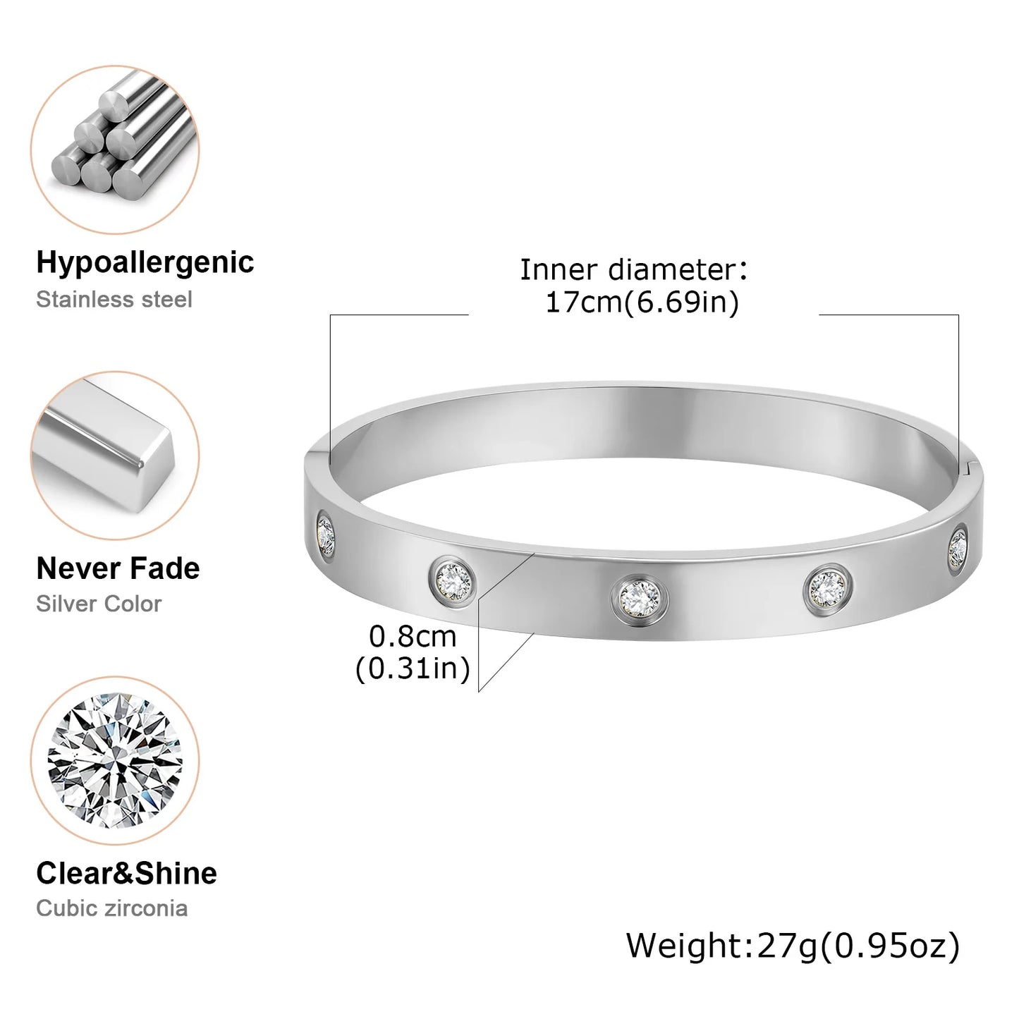 Luxury Cubic Zircon Stainless Steel Bracelet for Women
