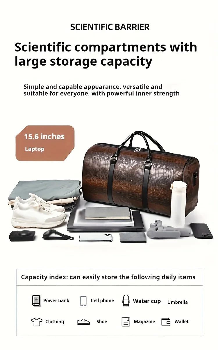 Large Capacity Retro Crocodile-Textured Travel Duffel Bag