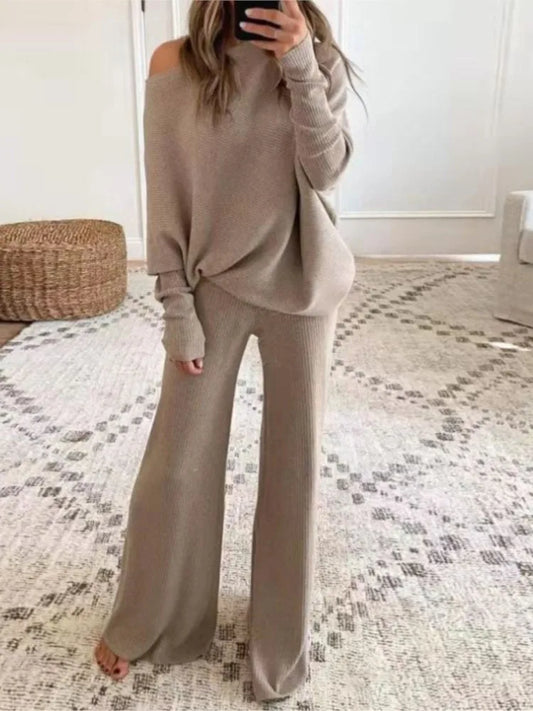 Fashion One-shoulder Long-sleeved Top + Straight Pants 2-piece Set