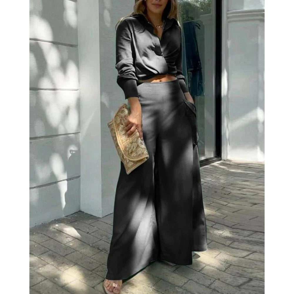 Women Solid Long Sleeve Ruched Crop Shirt & High Waist Pants