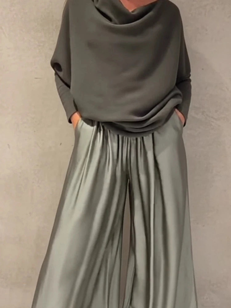 Elegant Slash Collar Off Shoulder Top&Satin Wide Leg Pants Sets