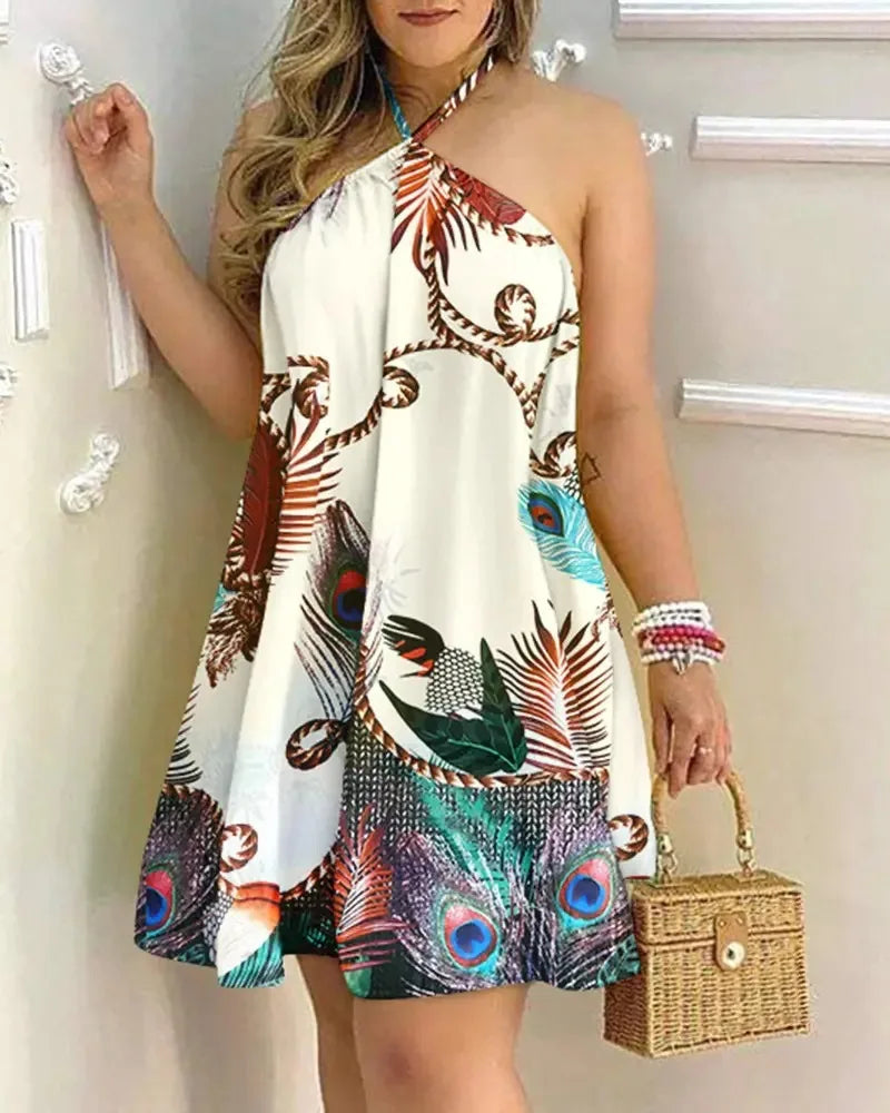 Floral Print Halter Neck Dress Boho Backless Halter Dress
