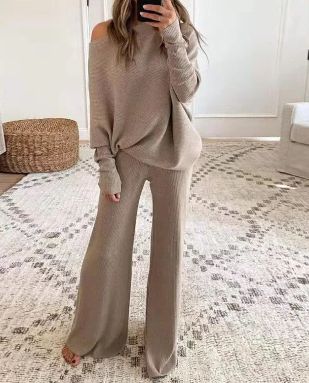 Fashion One-shoulder Long-sleeved Top + Straight Pants 2-piece Set