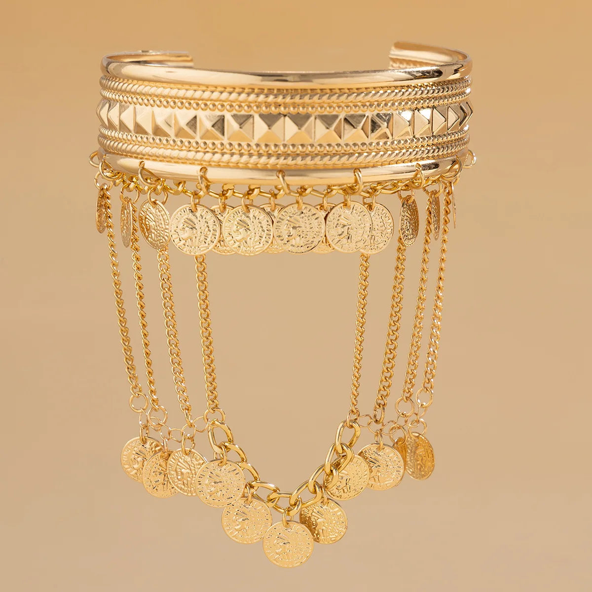 New Trendy Golden Metal Coin Leaf Chain Tassel Upper Arm Bangles Cuff Bracelet