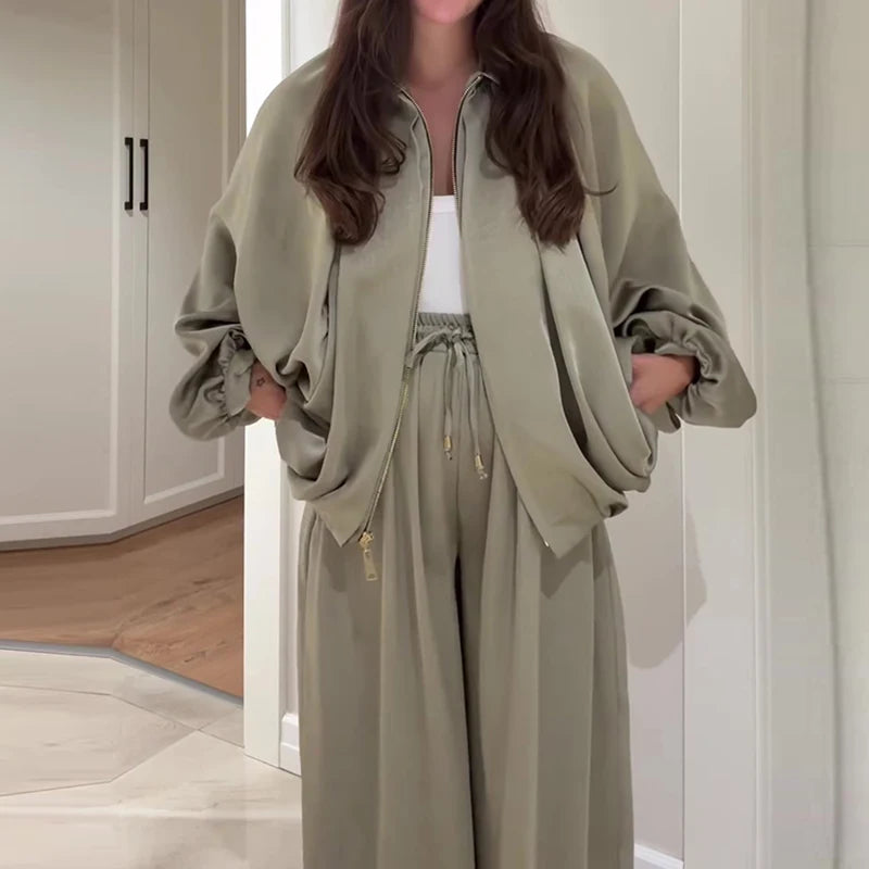 Fashion Elastic Waist Pants Sport Suit Elegant Zipper Jacket & Long Pant Outfits