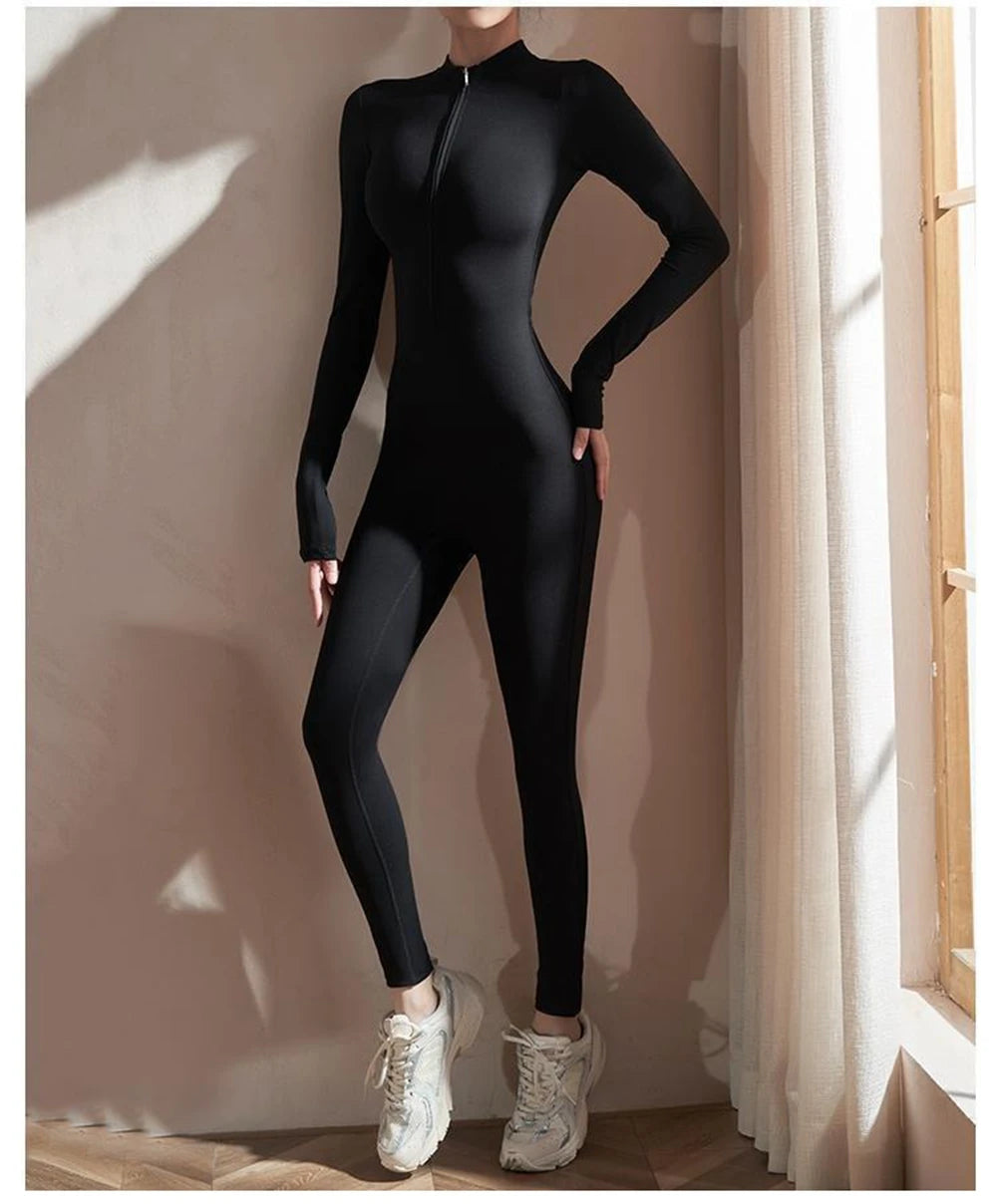 Women's Long Sleeve Yoga Jumpsuit – Slim Fit Stretch One-Piece Romper