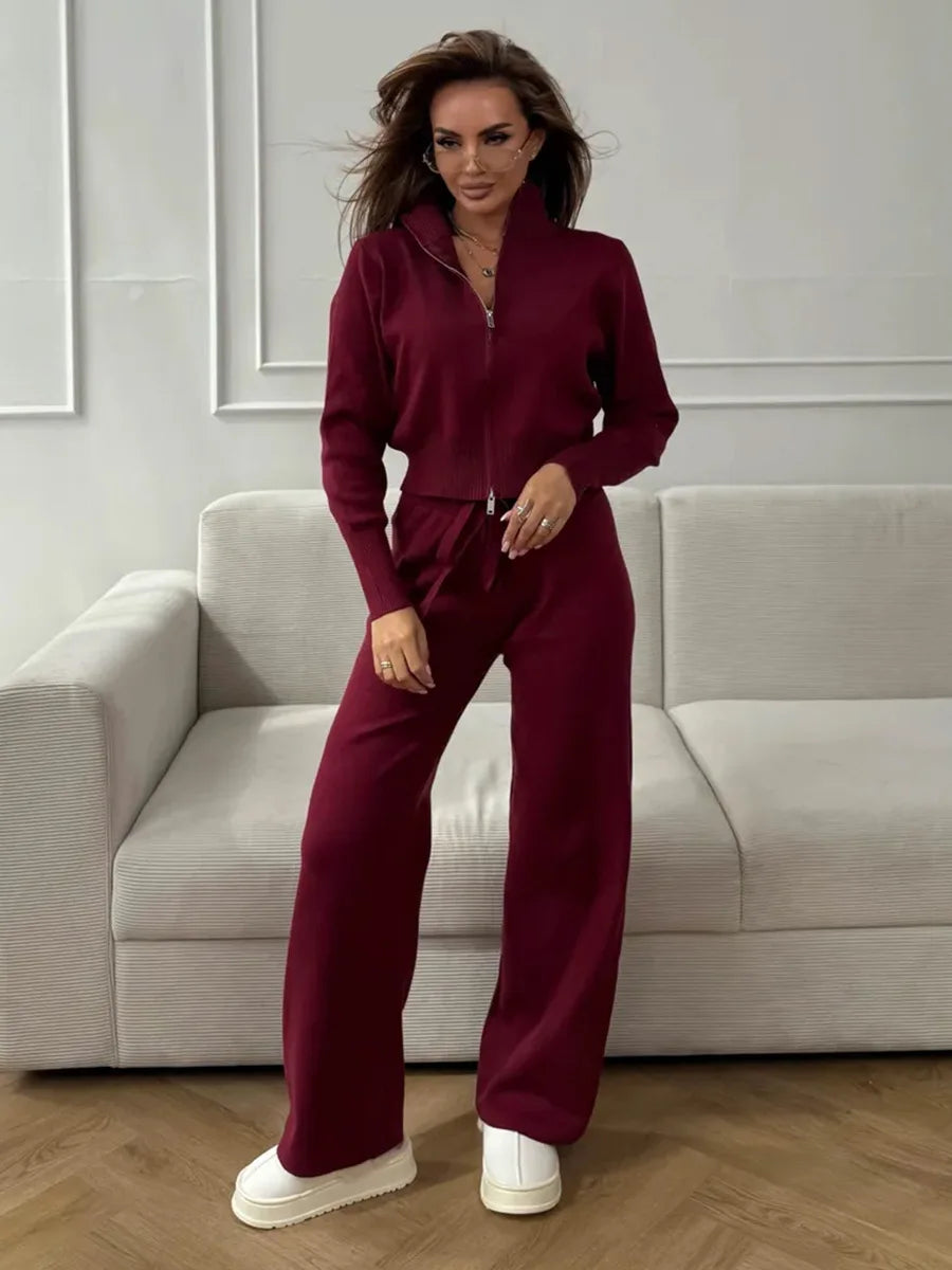Effortless Elegance for Every Season Zip Up Knit Pants Set