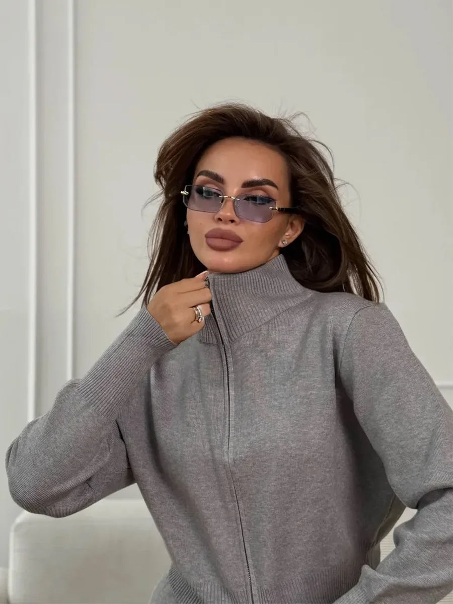 Effortless Elegance for Every Season Zip Up Knit Pants Set