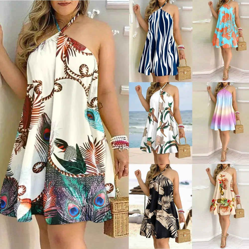 Floral Print Halter Neck Dress Boho Backless Halter Dress