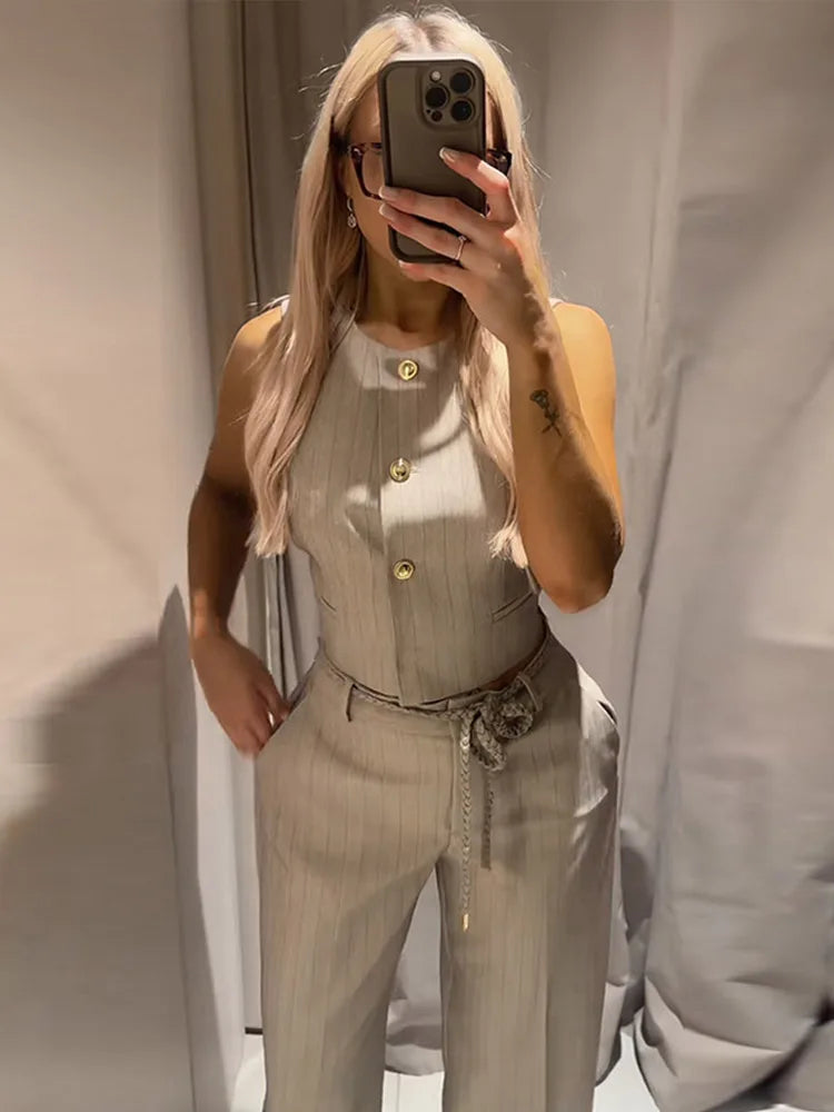 Metal Buttons Vests Belted Pants Suits Women's Slim Sleeveless Tank