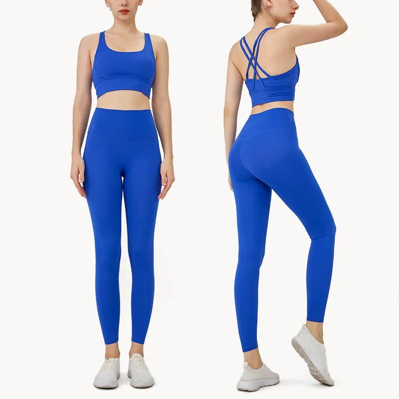 Summer New 2-Piece Yoga Set – Cross Back Sports Bra &amp; High-Waist Leggings