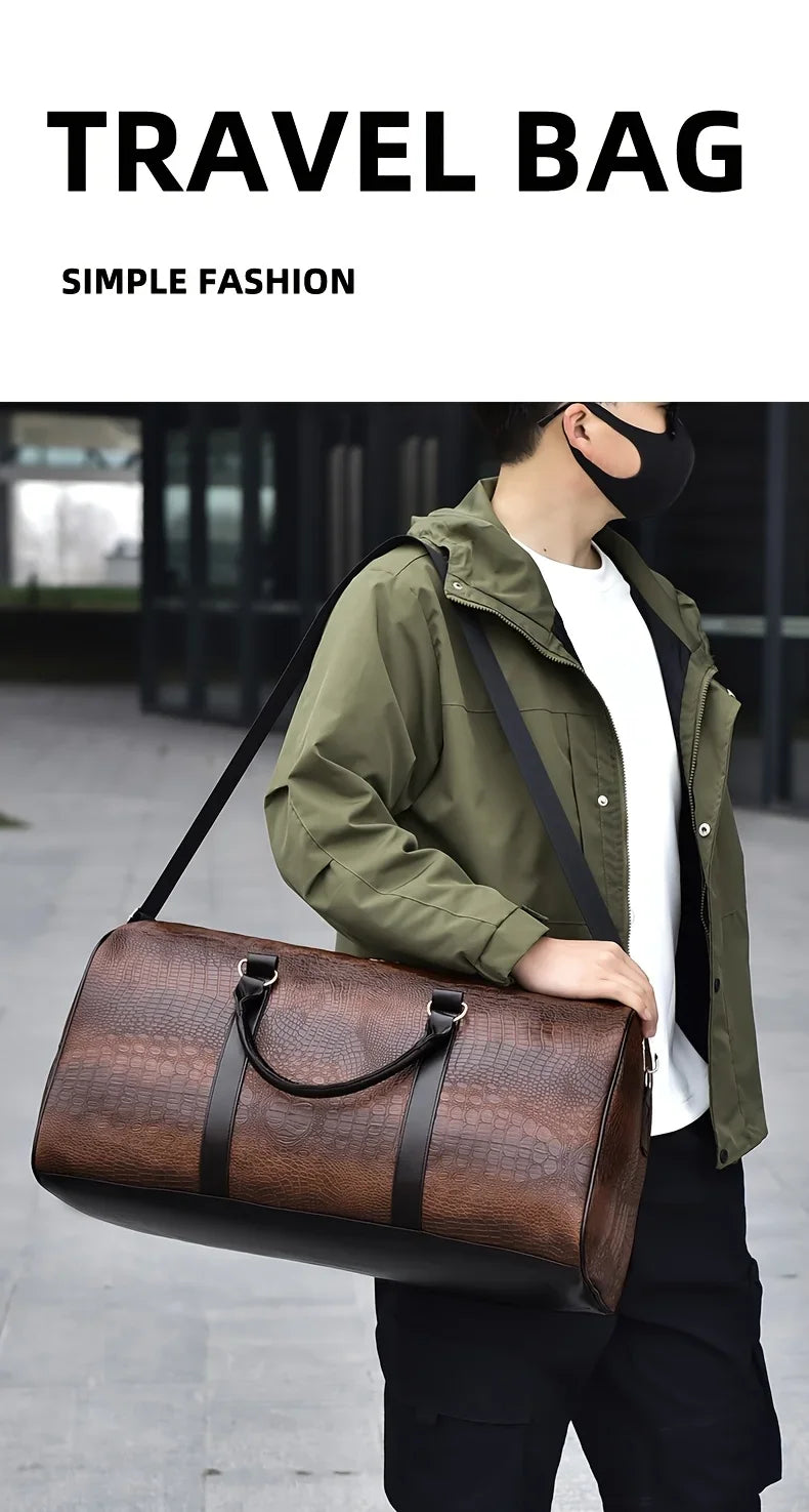 Large Capacity Retro Crocodile-Textured Travel Duffel Bag