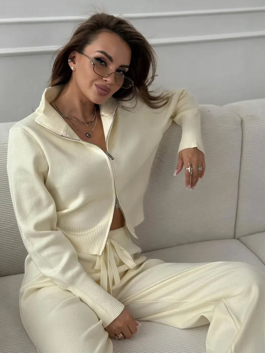 Effortless Elegance for Every Season Zip Up Knit Pants Set