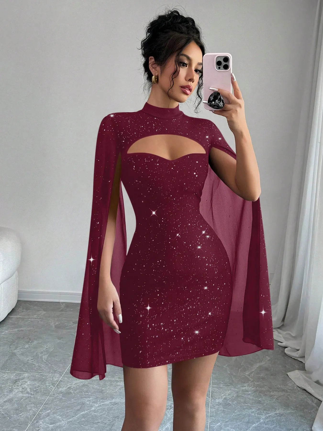 Sexy Women's Stand Collar Cape Mini Dress Sequins Sparkling Club Party