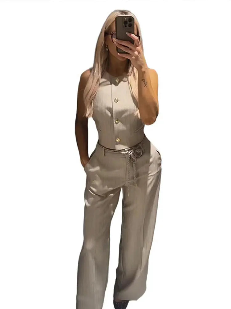 Metal Buttons Vests Belted Pants Suits Women's Slim Sleeveless Tank