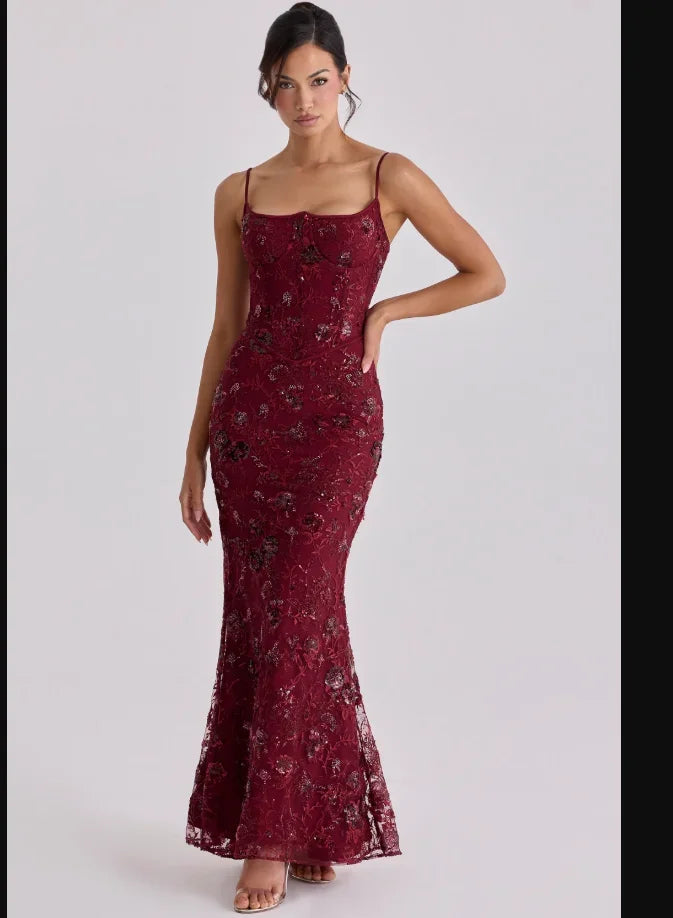 Retro Flora Sequin Maxi Sling Dress for Women