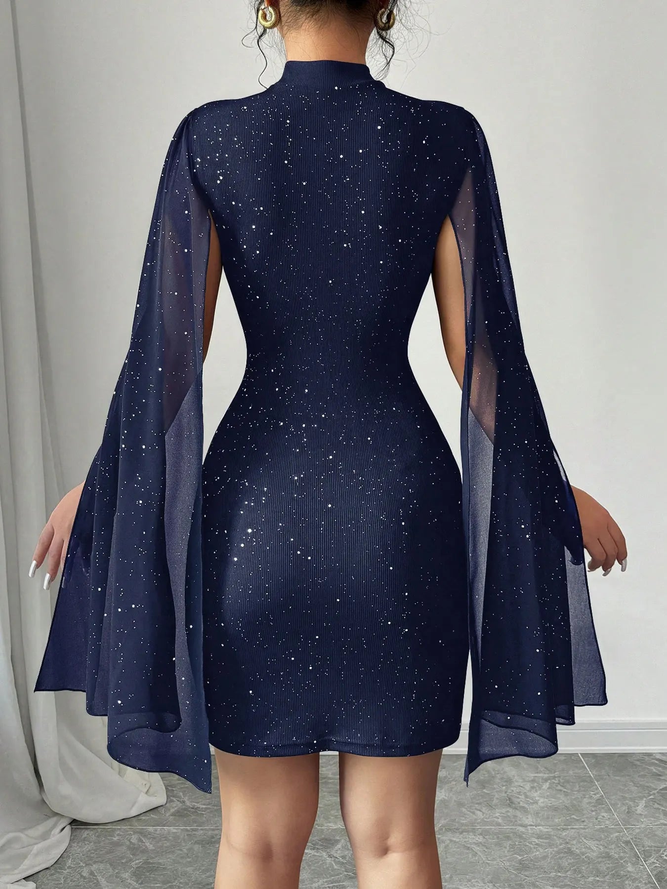 Sexy Women's Stand Collar Cape Mini Dress Sequins Sparkling Club Party