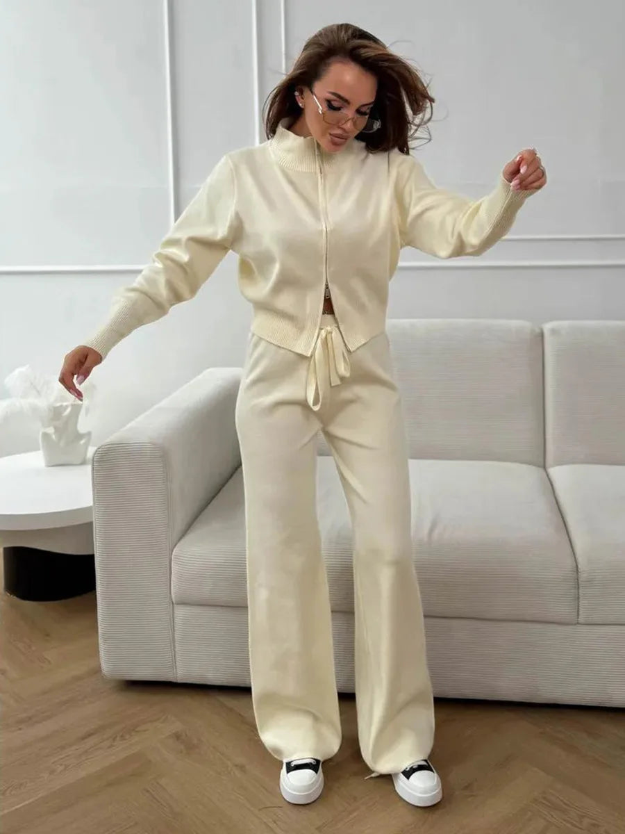 Effortless Elegance for Every Season Zip Up Knit Pants Set