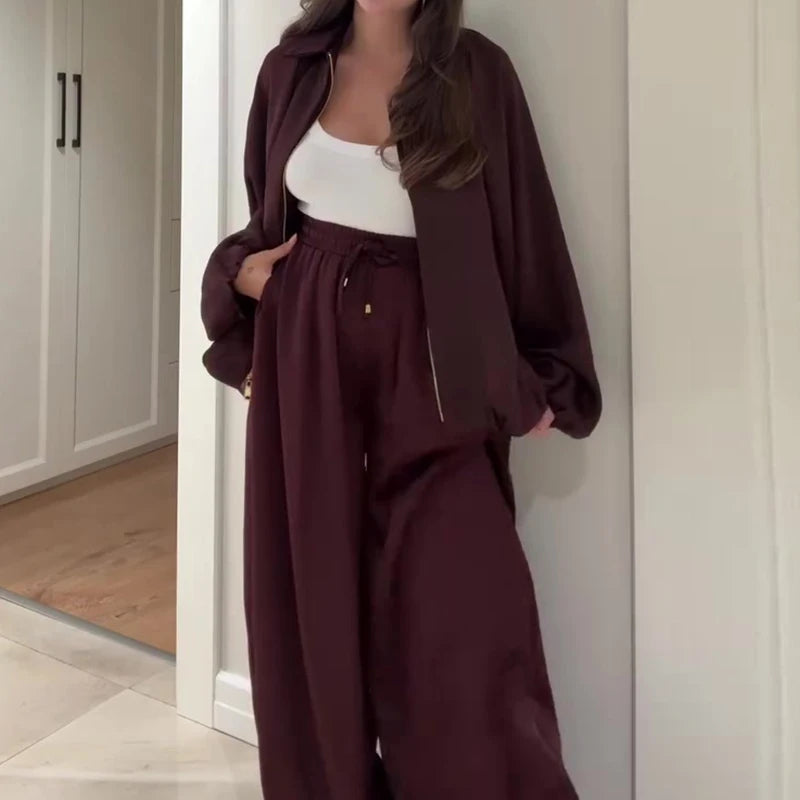 Fashion Elastic Waist Pants Sport Suit Elegant Zipper Jacket & Long Pant Outfits