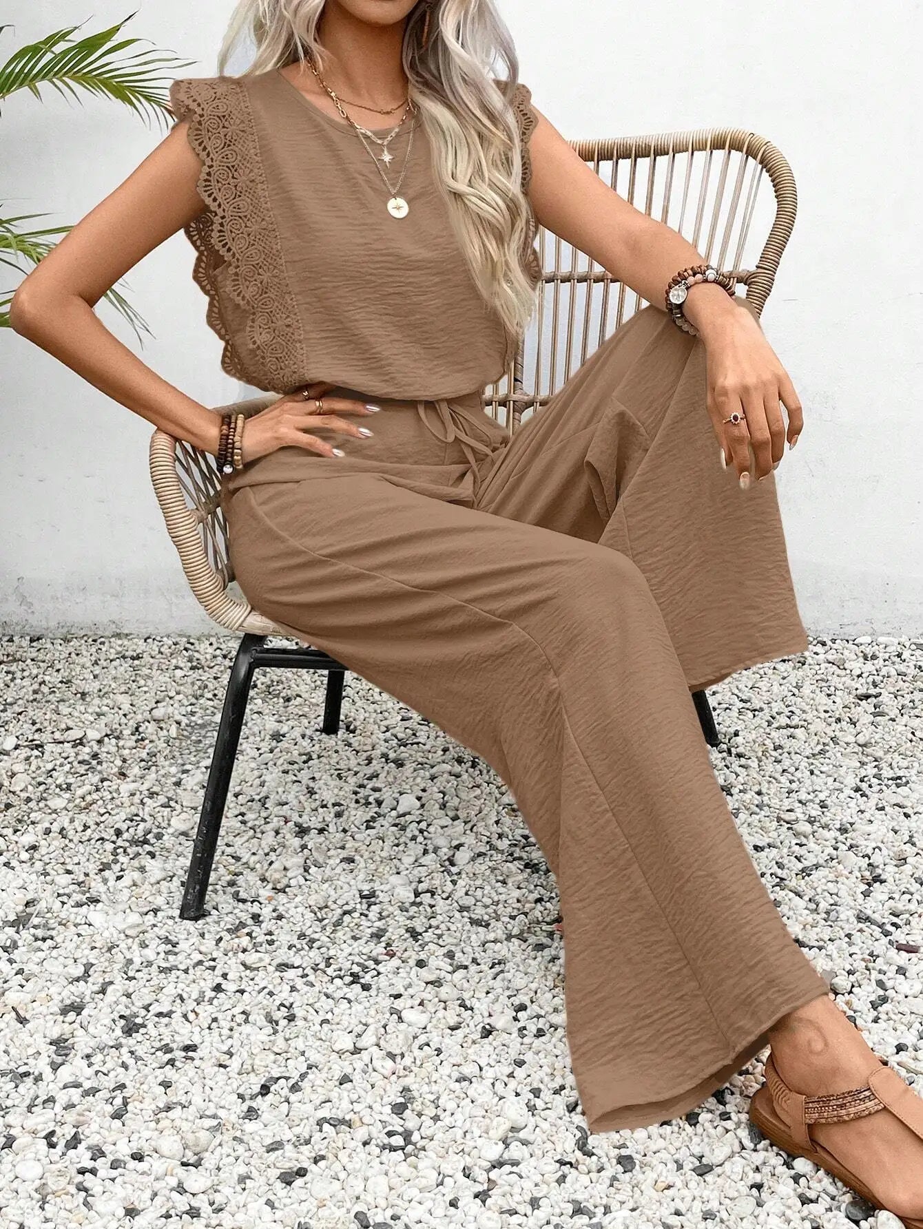 2026 Summer Women's Sleeveless O-Neck Top &amp; Elastic Waist Straight Pants 2-Piece Set