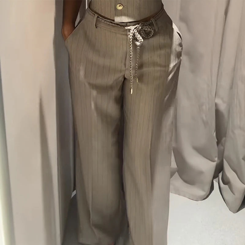 Metal Buttons Vests Belted Pants Suits Women's Slim Sleeveless Tank