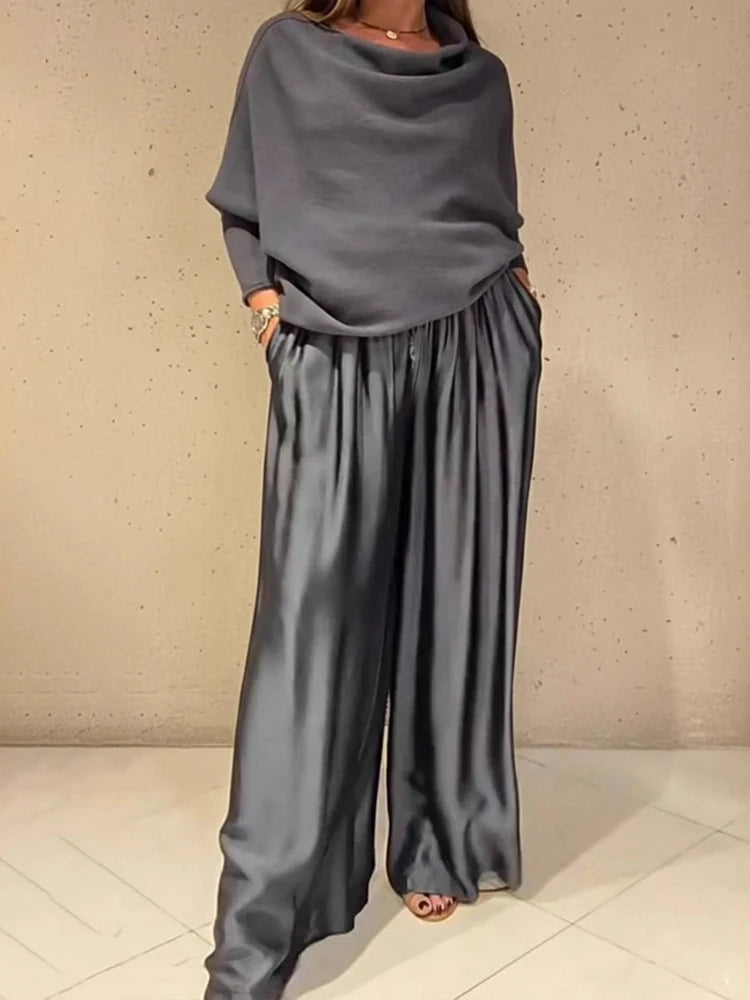 Elegant Slash Collar Off Shoulder Top&Satin Wide Leg Pants Sets